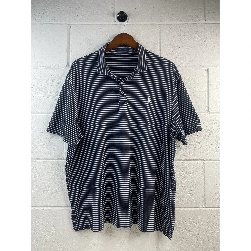 Polo Ralph Lauren Men's Navy/White Striped Short Sleeve Polo Shirt Size 2XL  EUC